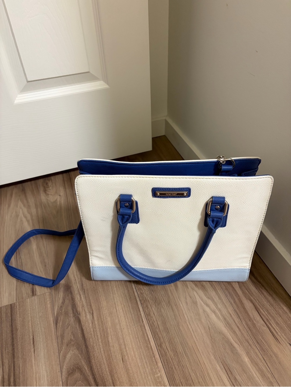 White and Blue Structured Tote Bag with Top Handle and Crossbody Strap